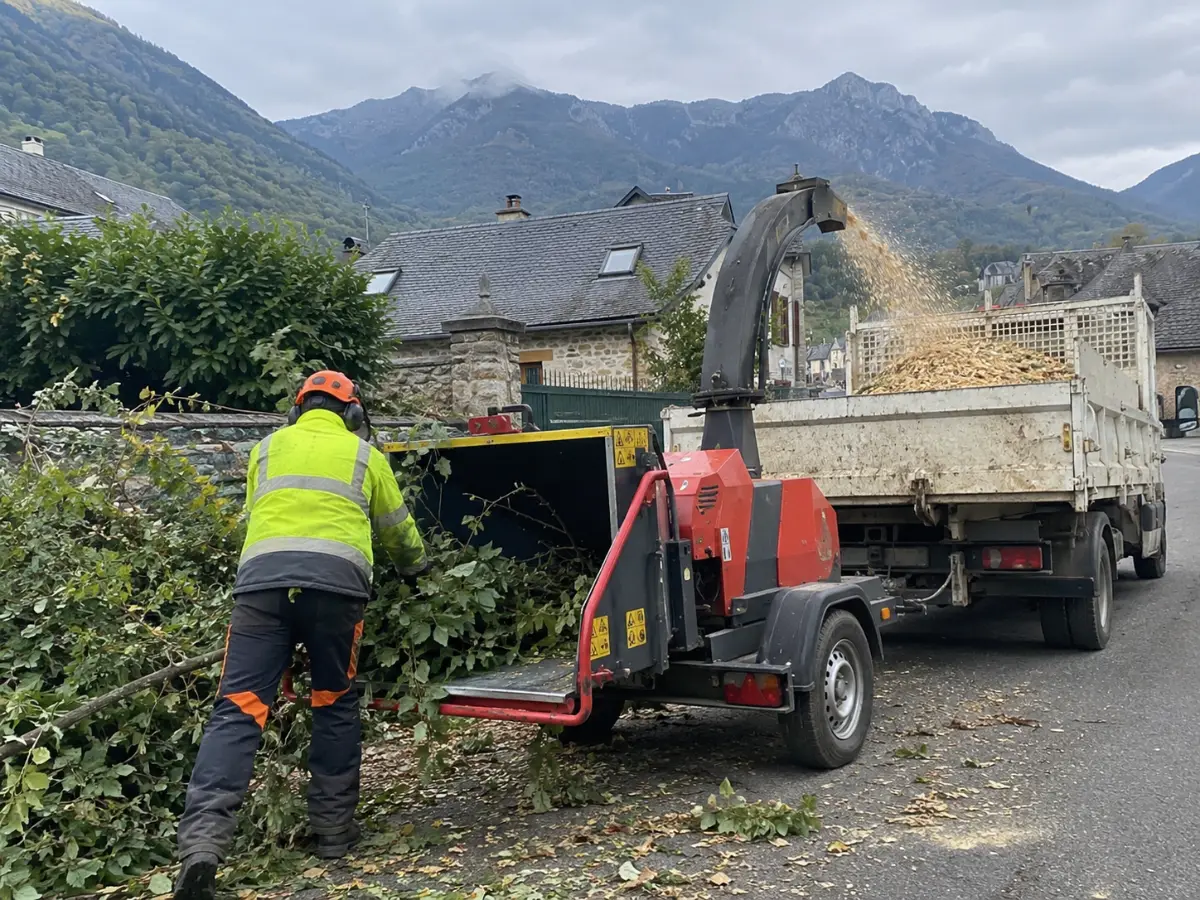 Broyeur de branches sur un chantier d'élagage